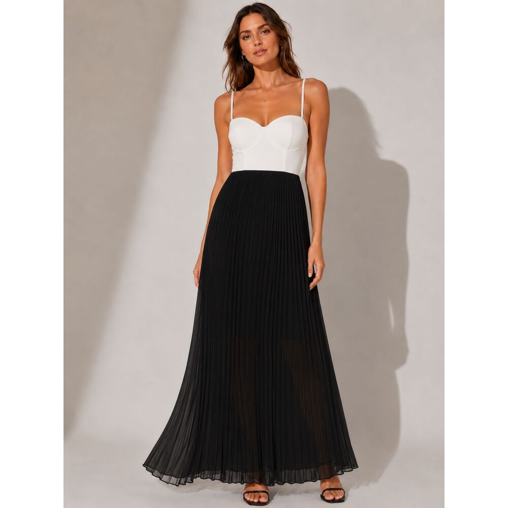 Lulus Blaque Label Aurora Pleated Midi Dress Black White Bustier Size Small NWT